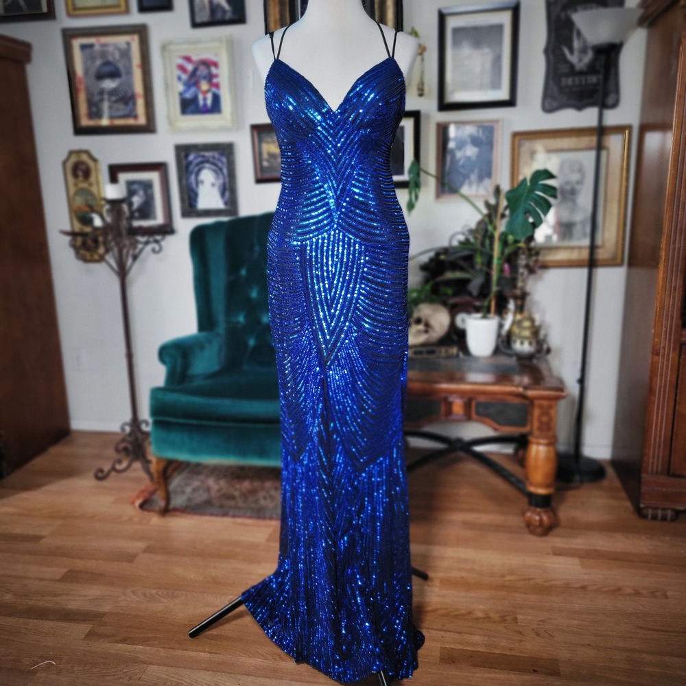 Windsor Royal Blue Sequin Gown Strappy Open Back Prom Evening Glam Maxi Dress - Picture 2 of 8